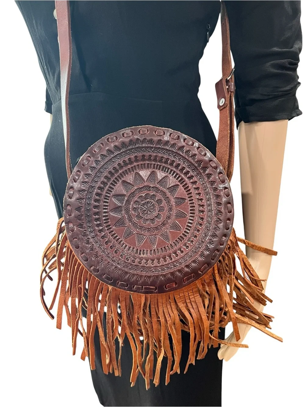 Hand tooled canteen round leather fringe bohemian style crossbody bag
